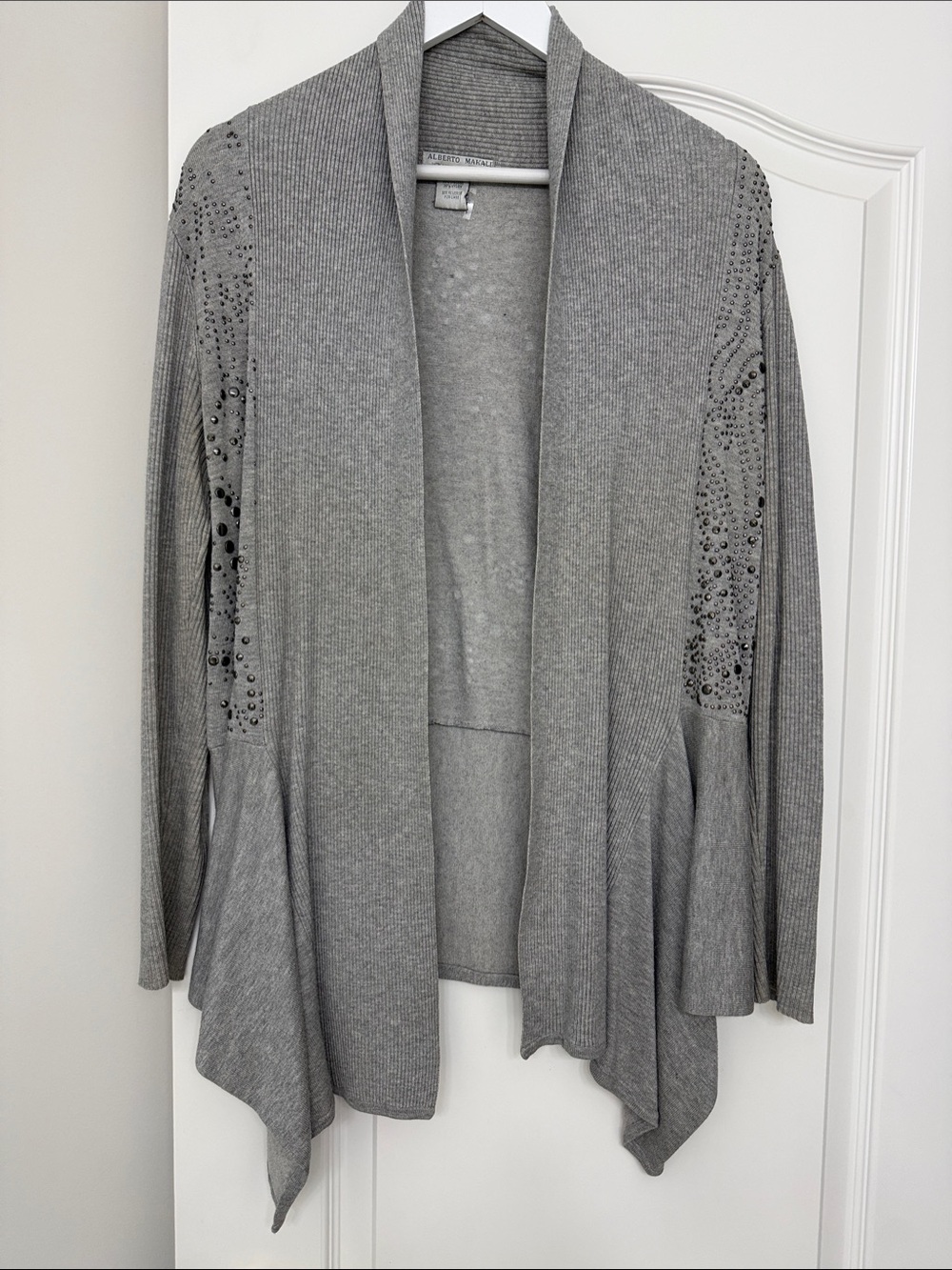Alberto Makali Gray Embellished Open-Front Draped Cardigan
